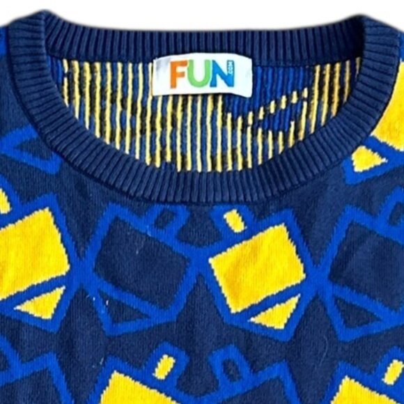 Fun Mens Hanukkah Dreidel Sweater 3X Blue Yellow Crew Neck Festive Ugly Holiday - Picture 2 of 5